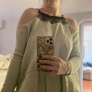 Free people cream waffle shirt with lace trim